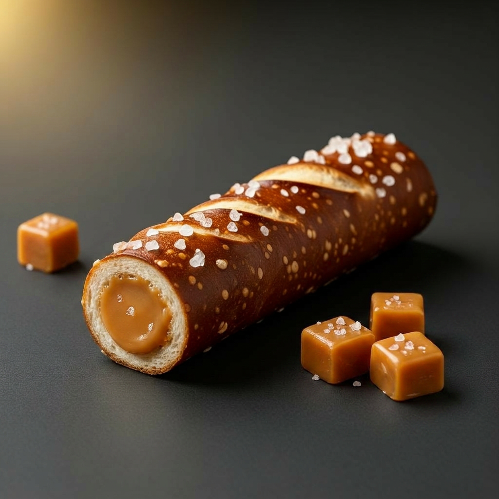 ROPI Salted Caramel concept — filled pretzel cross-section